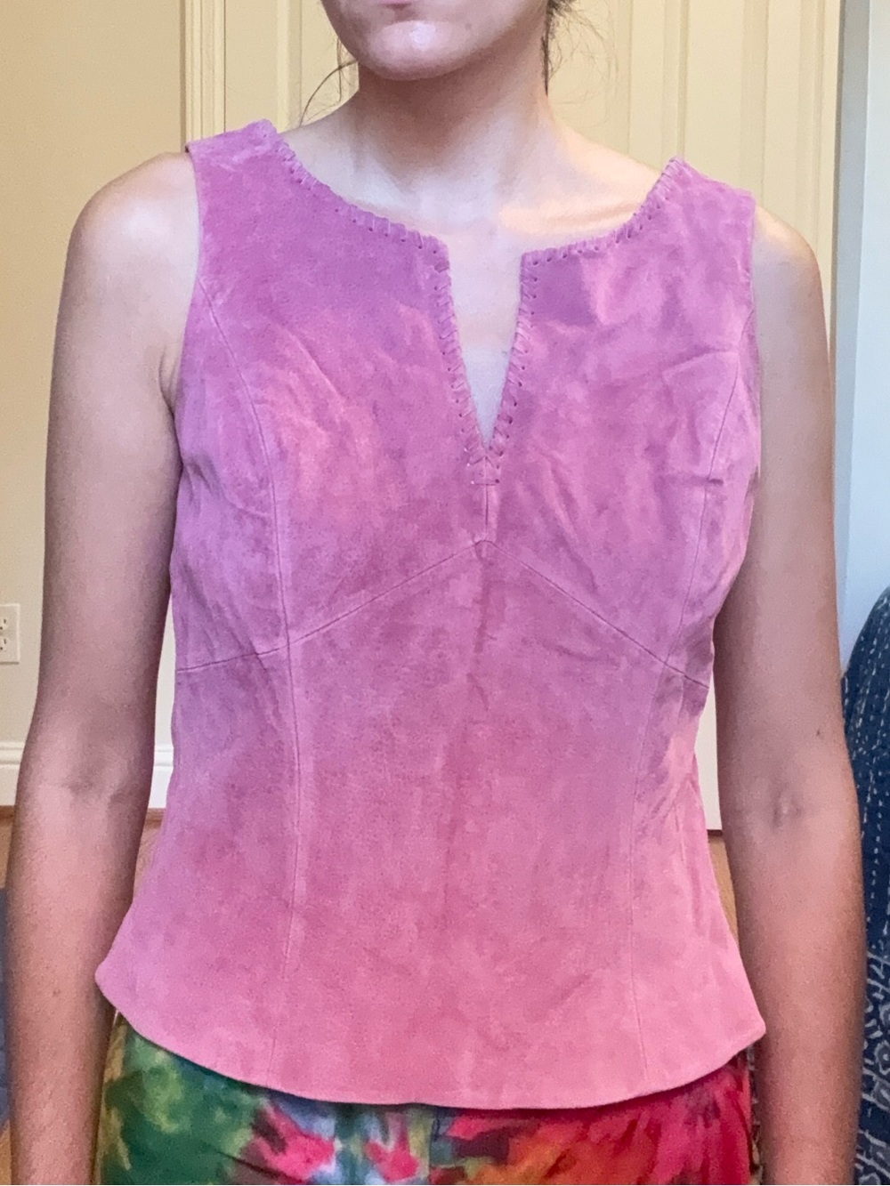 Boston Proper Pink Suede Sleeveless Tank with V-Notch
